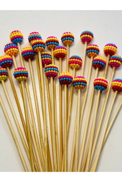 yağmur gökçe no:101 - 12 adet 15 cm Kokteyl Uzun Kürdan ve Karıştırıcı - Renkli Gökkuşağı Topu 1,2 cm