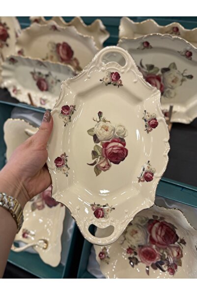 hediye Esterhomedecor Porcelain Oval Serving Plate with Handle 31cm Single Piece