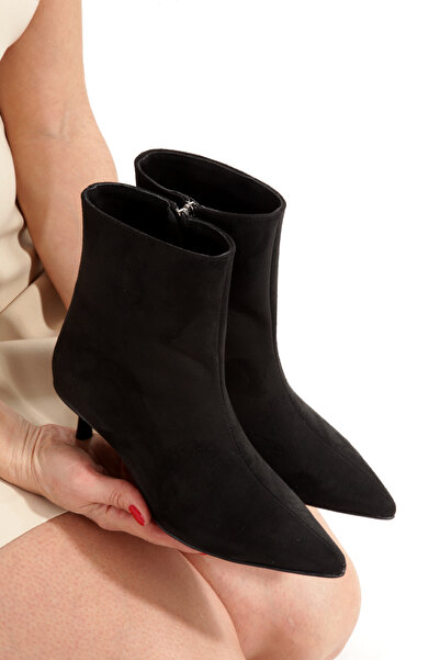 PAYZİN Botine ascuțite cu fermoar din piele intoarsa neagra, toc subtire de 5...