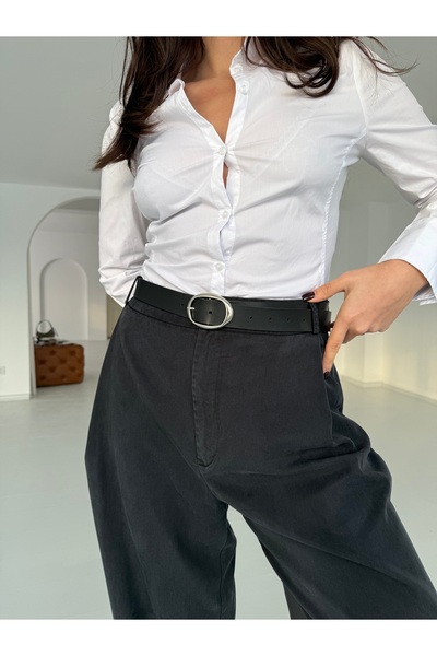 coaksco Pantaloni negri cu cataramă ovală argintie pentru femei, centură de rochie