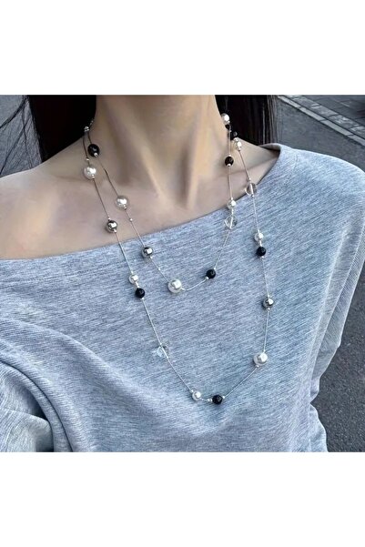 by Natalie لؤلؤ أسود، لؤلؤ أبيض، لؤلؤ فضي، على سلسلة فولاذية بطول 130 سم وسلس...