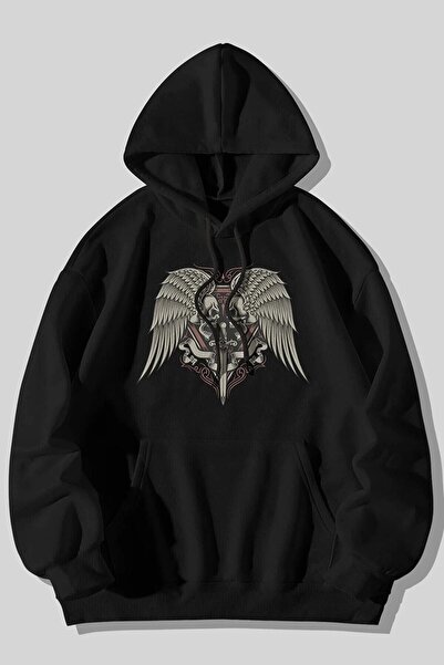 LELVANİ Hanorac cu glugă cu buzunar cangur negru unisex cu imprimeu Sword Ske...