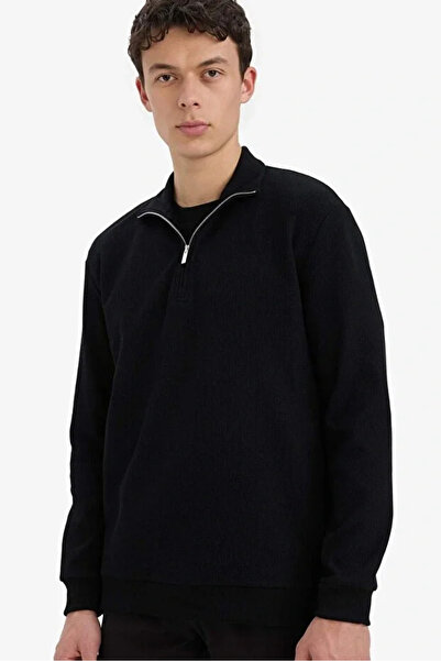 BLACK MODBLACK Comfort Fit Stand-Up Collar Textured Half-Zip Waffle Sweatshirt