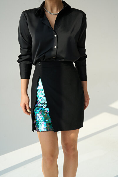 LOOSH Kadın Siyah Payetli Mini Etek