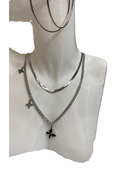 GÜLNAR BİJUTERİ Butterfly Figure Double Silver Color Steel Necklace 782 (Not ...