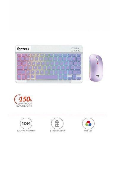 fortrek Kablosuz Klavye Mouse Seti Rgb Işıklı Şarj Edilebilir Mor TMK09