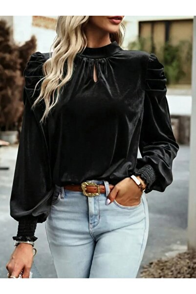 JANES بلوزة نسائية مخملية بأكمام طويلة وياقة دائرية وتفاصيل متدلية