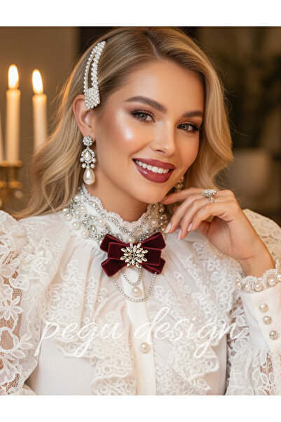 Pegu BORDO KADİFE ,KRİSTAL TAŞLI ,KADIN PAPYON,BROŞ,YAKA İĞNESİ,KRAVAT