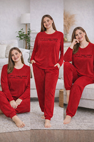İpek Women's Long Sleeve Plus Size Crew Neck Solid Color Velvet Pajama Set