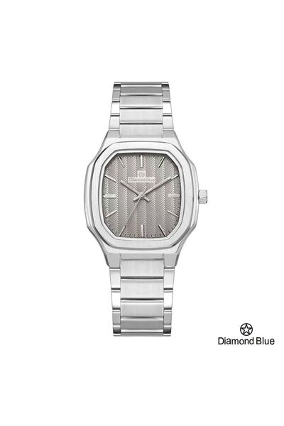 Diamond Blue ساعة دايموند بلو رجالية، سور فضي وصحن رمادي منقوش، تجمع القوة والجمال.