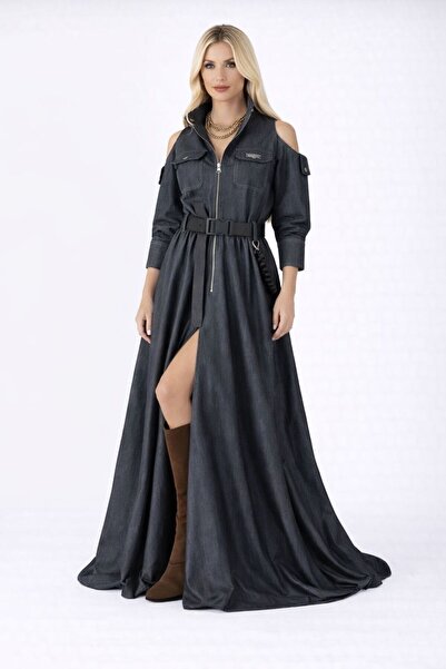 ALYEL NAKER فستان بتصميم خاص بطول ماكسي مع سحاب أمامي وأكتاف مكشوفة