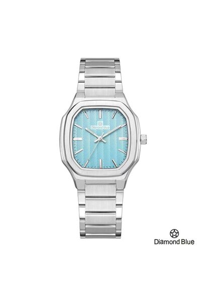 Diamond Blue ساعة دايموند بلو رجالية، سور فضي وصحن ازرق منقوش، إبداع في التصميم.