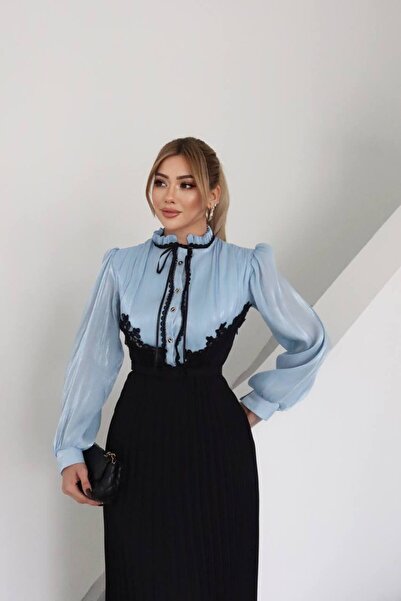 asyadabutik Women's Glitter Fabric Ribbon and Lace Detailed Lined Dress