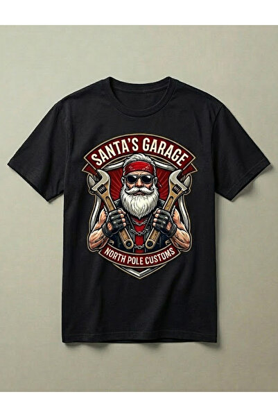 PERISENSE Yeni Yıl Temalı Merry Christmas Santa’s Garage Pamuk Premium Penye Unisex Basic Bisiklet Yaka Tişört