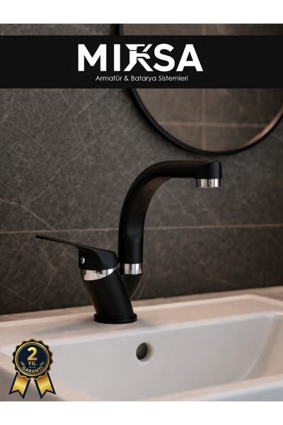 MİXSA Siyah-Krom Balıksırtı Borulu Banyo Lavabo Bataryası, Musluğu, Çift Su G...