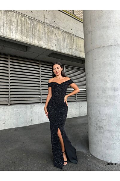 BYEN GİYİM Μακρύ βραδινό φόρεμα με σχέδιο από λαμπερές πέτρες, ανοιχτό στους ...