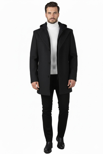DeepSEA Füme Regular Fit Detachable Hooded Men's Cashmere Coat – Buttoned & Zippered Winter Coat 2407018