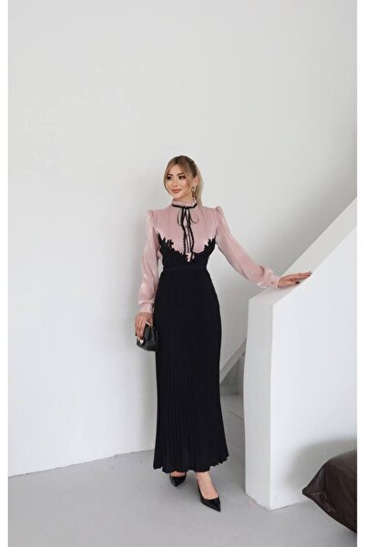 asyadabutik Women's Glitter Fabric Ribbon and Lace Detailed Lined Dress