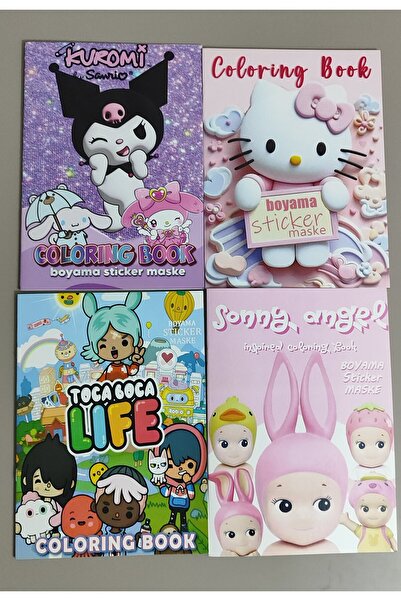 ada çanta kırtasiye 4 adet stickerli boyama kitabı (Kuromi(K)/Hello kitty/son...