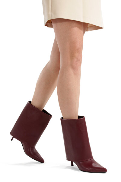 PAYZİN حذاء طويل مدبب باللون العنابي بكعب رفيع 5 سم للموسم الجديد