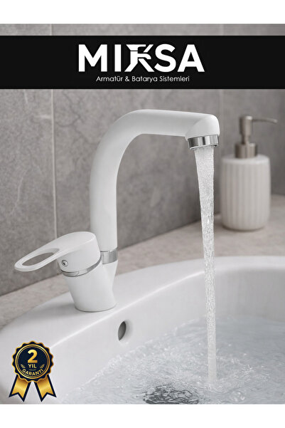 MİXSA Beyaz-Krom Balıksırtı Banyo Lavabo Bataryası, Musluğu, Çift Su Girişli