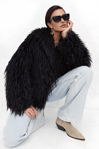 BIGNUANCE فرو صناعي نسائي فاخر عالي الجودة ذو ملمس ناعم، فرو أسود مع جيب وتفا...