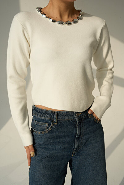 LOOSH Kadın Krem Yakası Boncuklu Kazak