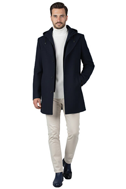 DeepSEA Navy Blue Regular Fit Detachable Hooded Men's Cashmere Coat – Buttoned & Zippered Winter Coat 2407018