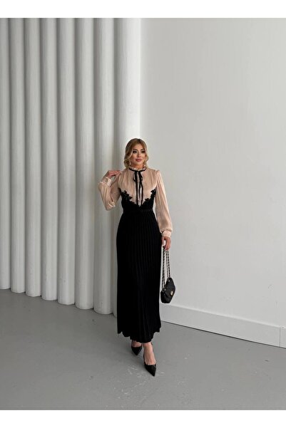 asyadabutik فستان نسائي مبطن بتفاصيل من الشريط والدانتيل من قماش لامع