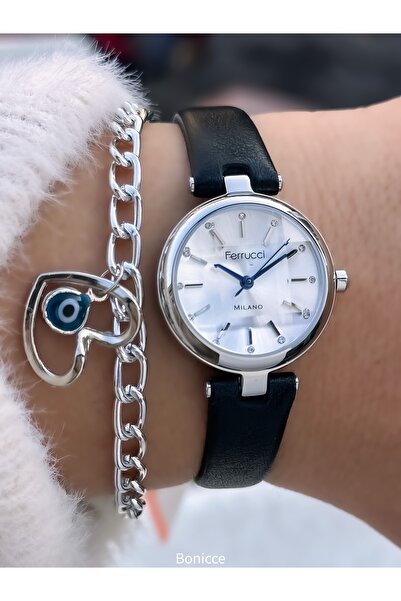 Ferrucci Mini Case, Black Color Leather Cord, Women's Wrist Watch + Bracelet