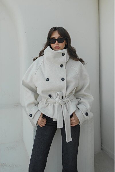 Havoş Ecru Arica Mock Neck Short Cashmere Coat