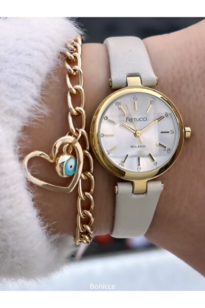 Ferrucci ساعة يد نسائية صغيرة، حزام جلدي بلون بيج، ساعة يد نسائية + سوار