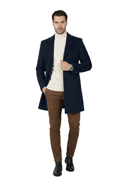 Rizz up Navy Blue Regular Fit Long Cashmere Coat Wool Blend Winter Stylish Men's Coat 2407008