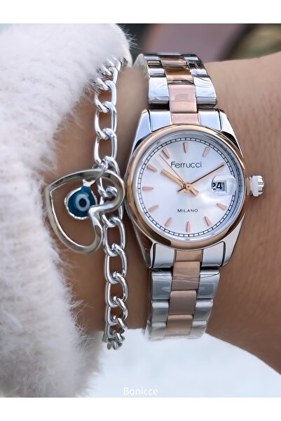 Ferrucci Small Case, with Calendar, Rose Silver Steel Band,Women Wristwatch+Bracelet