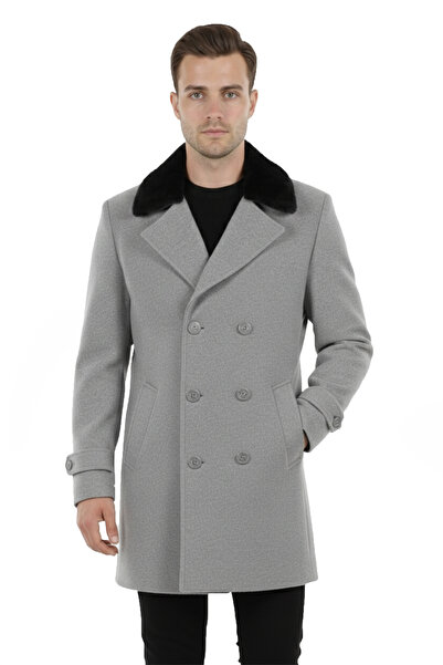 Rizz up Gray Regular Fit Detachable Collar Fur Double-Breasted Cashmere Coat Stylish Winter Men's Coat 2407016