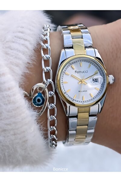 Ferrucci Small Case, with Calendar, Yellow Silver Steel Band,Women Wristwatch+Bracelet