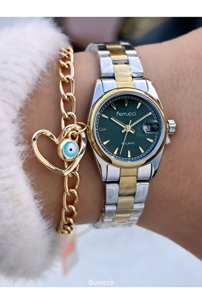 Ferrucci Small Case, with Calendar, Green Yellow Silver Steel Band,Women Wristwatch+Bracelet