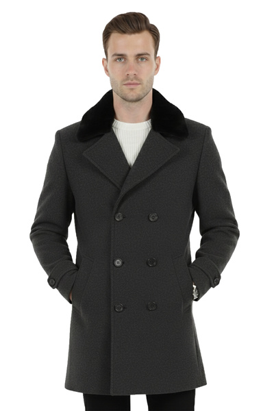 Rizz up Smoked Regular Fit Fur Collar Detachable Double-Breasted Cashmere Coat Stylish Winter Men's Coat 2407016