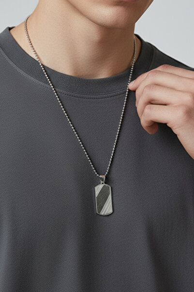 laria jewelry Gümüş Plakalı Dokulu Erkek Künye Kolye