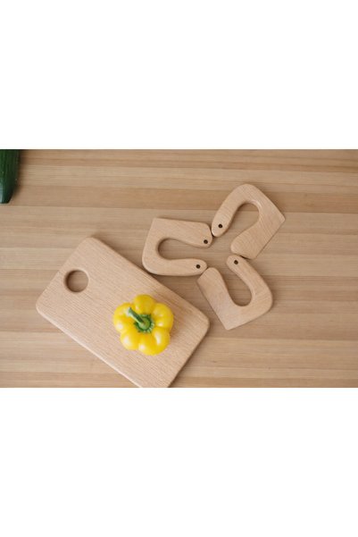 Üreet Beech Wood Children's Cutting Board and Safe Wooden Knife Set |   23×15 cm |   Montessori Kitchen Set