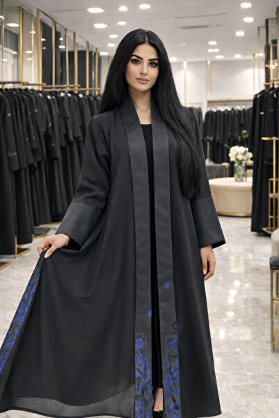 ELEGANT'S عباية بقماش الجاكر المشجر من الخلف بالون الارزق مع طرحة