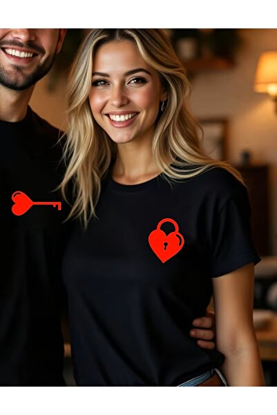 LELVANİ Valentine's Day for Couples Love Heart Key and Lock B Printed Duo T-S...