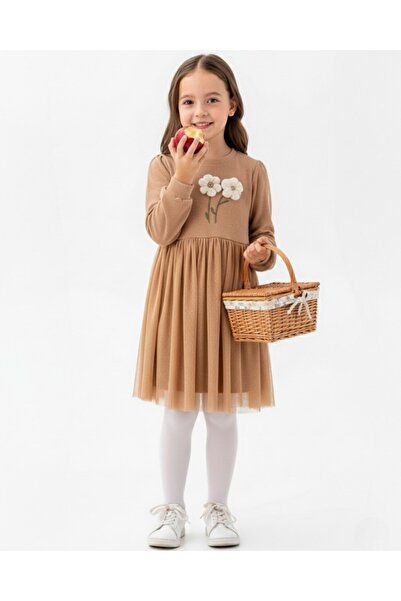 VOY KİDS Girl's Daisy Embroidered 3-4-5-6-7 Years Old Tulle Transitional Dress