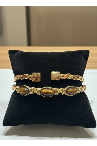 kapris concept مجموعة أساور من النحاس النقي والحجر الطبيعي الفيروزي وحجر الكابلانجوسي مكونة من قطعتين