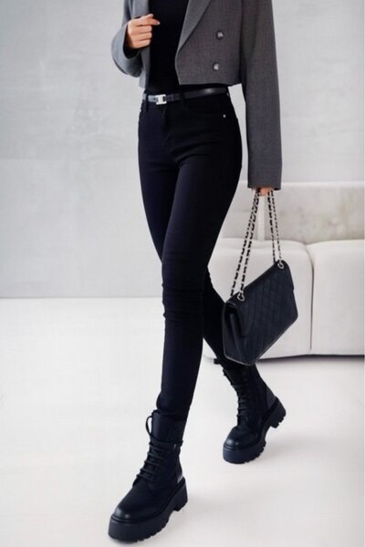 Giyimodam Pantaloni de damă din denim cu talie înaltă buzunare, fără curea