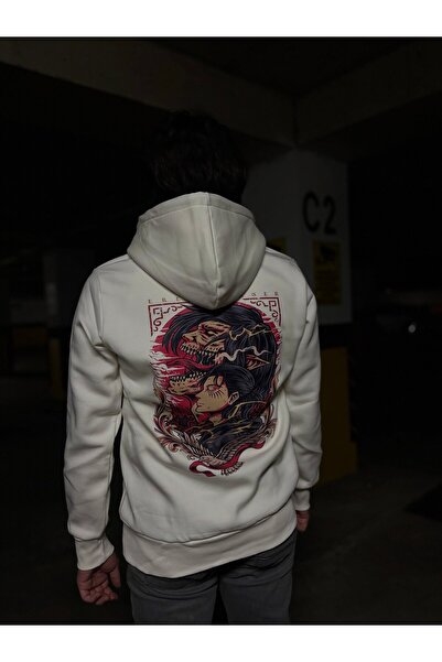 Unisex Kapşonlu Beyaz Pamuklu Attack on Titan Baskılı Sweatshirt