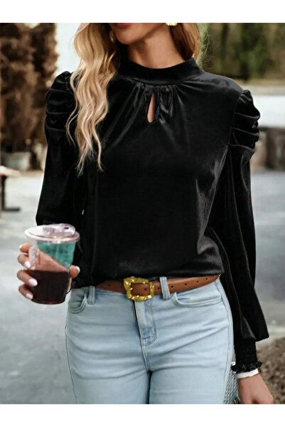 DRESSIFY WOMEN’S FASHION Bluză de damă cu mânecă lungă, cu gât roșu și detali...