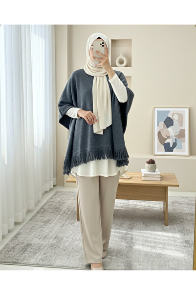 Modamorfo Tassel Detailed Knitwear Poncho - Smoked