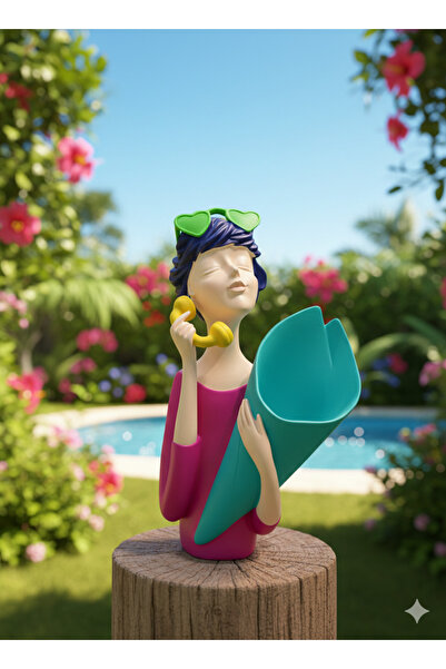 İki Cadı Tasarım Telefonlu Buketli Kız Polyester Obje