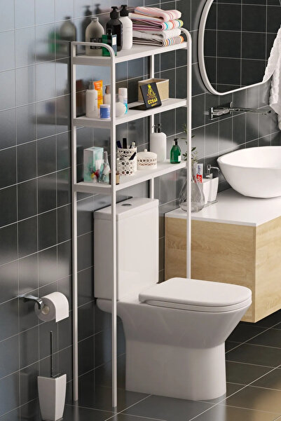 Store WC Üstü Banyo Rafı 3 Katlı | Tuvalet Üstü Düzenleyici | Metal Ayaklı Beyaz Banyo Organizer